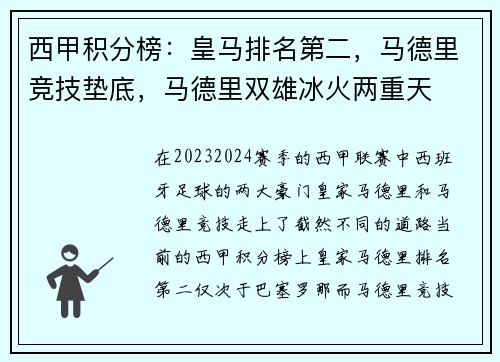 西甲积分榜：皇马排名第二，马德里竞技垫底，马德里双雄冰火两重天